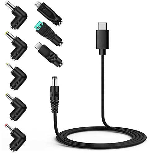 Bouge Universel 5V DC Type-C Câble Alimentation, USB C to DC 5.5x2.1mm Power Cable Connecteur avec 8 Jack Connecteurs (5.5x2.5, 4.8x1.7, 4.0.x1.7, 3.5x1.35, 2.5x0.7, Micro USB, Type-C)