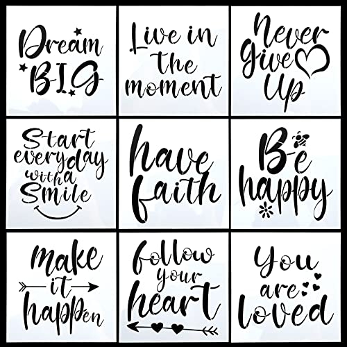 YapitHome 9 Pcs Letter Stencil 20 X 20 cm Motivational Drawing Painting Template for DIY Craft Spraying,Painting,Drawing,Wood,Wall Design