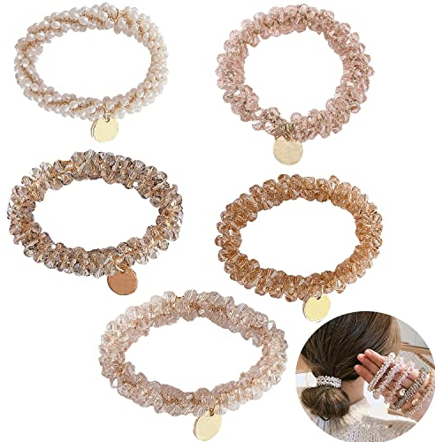MEISO 5 Stück Kristall Scrunchies Damen, Pferdeschwanz Haarschmuck, Haargummi mit Perlen Elastisch für Frauen und Mädchen