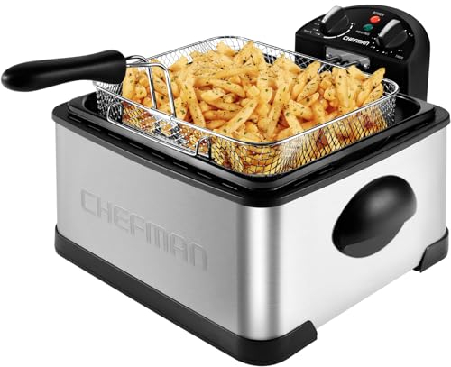 Chefman 4.3 Litre Deep Fat Fryer w/Basket Strainer, XL Jumbo Size, Adjustable Temperature & Timer, Perfect for Fried Chicken, Shrimp, Chips & More, Removable Oil-Container, Stainless Steel