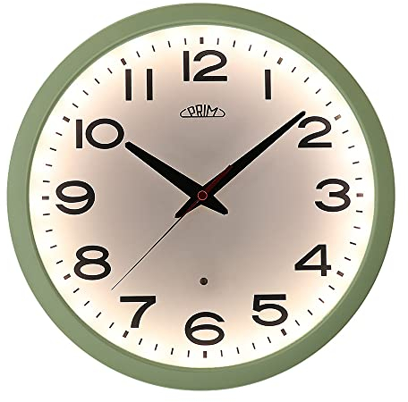 PRIM Insight Leuchtende Design Kunstoff Wanduhr, Weiß/Grün, Licht- und Geräusch-Sensor, Quarz-Uhrwerk Sweep, Modern, Light Clock, Wand-Dekoration für jeden Raum Wohnzimmer, Küche, Büro, Schlafzimmer
