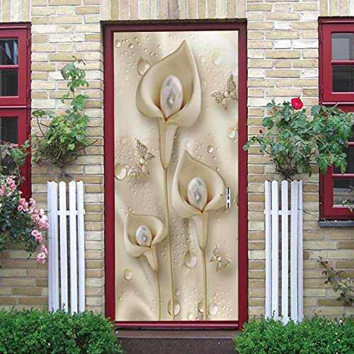 3D Tür Wandaufkleber Calla-Lilien Fototapete Türfolie Poster Tapete Meer Aufkleber DIY Selbstklebende Wandbild PVC Wasserdichte Tapete B77 x H200cm