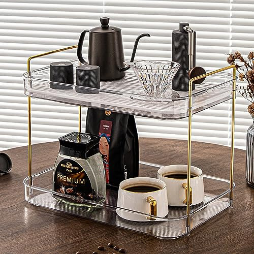 Coffee Bar Accessories Station Organizer Large Capacity with Drain Board Whiskey Tray Cup Holder Coffee Bar Organizer White Clear
