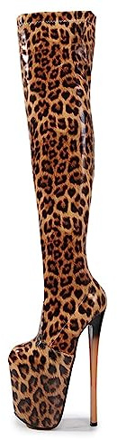 19CM Super High Heels Stivali alti alla coscia elasticizzati con stampa leopardata Pelle verniciata Piattaforma sexy con zip fetish Stivali sopra il ginocchio Stripper Club Pole Scarpe da,Marrone,39