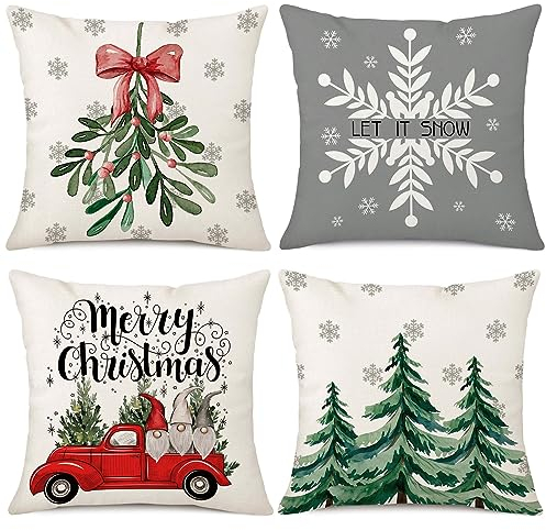 ILovDaisy Weihnachtskissenbezug 45x45 cm, 4 Stück Kissenbezug Weihnachten, Feines Leinen Kissenhülle Weihnachten, Weihnachtsdeko für Wohnzimmer Schlafzimmer