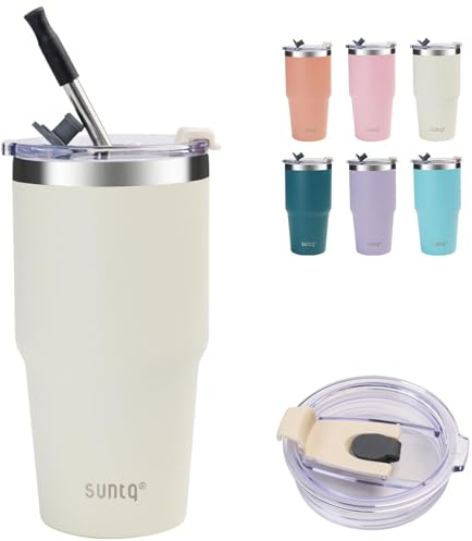 SUNTQ 550ml isolierter Tumbler, doppelwandige Vakuum-Wasserflasche mit Stroh und Deckel, Edelstahl-Reise-Kaffeebecher, thermische Tasse für heiße und kalte Getränke, Fit in Becherhalter(Off-white)