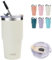 SUNTQ 550ml isolierter Tumbler, doppelwandige Vakuum-Wasserflasche mit Stroh und Deckel, Edelstahl-Reise-Kaffeebecher, thermische Tasse für heiße und kalte Getränke, Fit in Becherhalter(Off-white)