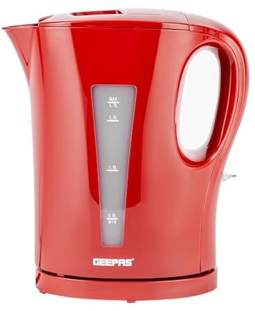 GEEPAS Electric Kettle | 1.7L Cordless Fast Boil Jug Kettle for Hot Water Tea or Coffee | Boil Dry Protection & Auto Shut Off | Illuminated Switch, Cord Storage | 1 Year Warranty, 2200W Red