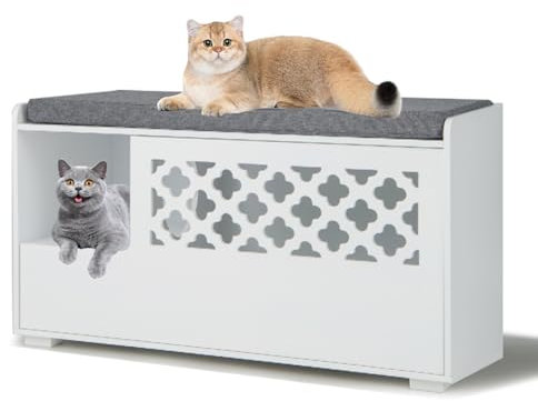 GYMAX Wooden Cat Litter Box Enclosure, Hidden Kitty Washroom Storage Bench, Cat Hole & Flip Open Door, End Table for Living Room, Bedroom & Hallway