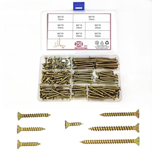 250 Pcs M4 Wood Screws Set, Cross Pan Head Self-tapping Screws for Wood, Drywall Screws, Self Drilling Chipboard Screws Kit, Zinc Plated Screws Assortment for Door Hinge Decking Screws