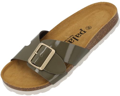 Palado Pantoletten Damen Tinos - bequeme Sandalen Made in Spain - elegante Hausschuhe mit Kork-Fußbett - modische Sommerschuhe Khaki Lack UK5,5 - EU38