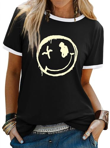 WIEIYM Tshirt Damen Rundhals Kurzarm T-Shirts Sommer T Shirts Brief Leichtes Shirt Gedruckt Lässig Tee Shirts Oberteile Tops Bluse,A-schwarz,M