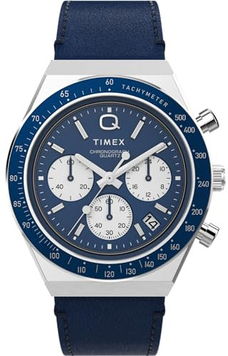 Timex Q Chronograph Herren-Armbanduhr, 40 mm, blaues zweiteiliges Lederarmband mit Schnellverschluss, blaues Zifferblatt, Edelstahlgehäuse TW2W51700