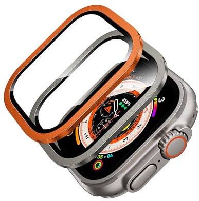 Hoerrye Protector de pantalla para Apple Watch Ultra/Ultra 2 de 49 mm, (2023/2022), marco de acero inoxidable, sin burbujas, cobertura completa, antipolvo, compatible con iWatch Ultra Series Orange