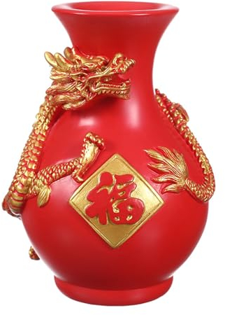 ASIAD Chinesische Drachenvase, Rote Harzvase Dekorative Orientalische Skulpturale Vase Feng Shui Asiatische Kunstvase Blumenvase Neujahrsparty,Rot