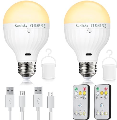 2 Stück USB-C Wiederaufladbare Glühbirne mit Batterie, 7W E27 Aufladbare Glühbirne 2600 mAh Akku Glühbirne mit Fernbedienung,3 Farben Dimmbare Mit Timing funktion,Camping Notlicht Mit Haken (2Stück)