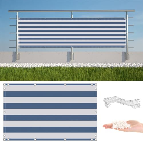 AYLFBFU Balkon Sichtschutz 0.75 x 3m, HDPE Wetterfest Blickdichte UV-Schutz, Ohne Bohren, mit Montagezubehör - Balkonbespannung für Terrasse, Hinterhof, Terrasse, Balkon, Hellblau Gestreift