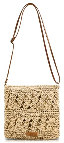 Bototack Summer Straw Bag for Women, Small Beach Crossbody Bag with Zipper and Adjustable Strap, Bohemian Weave Handmade Shoulder Handbags for Holiday Beach Travel (Beige)