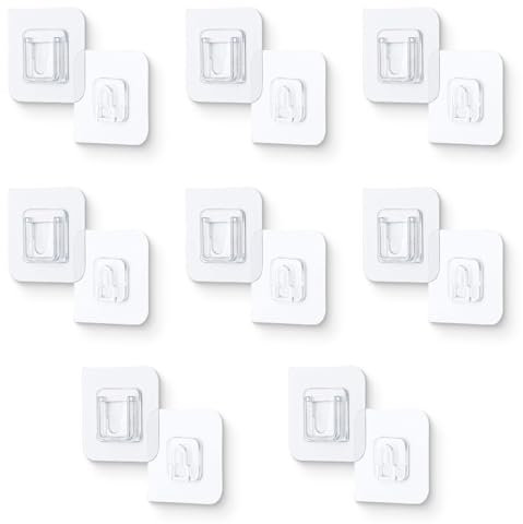 JEYORZY Ganci adesivi, 8 paia di ganci da parete a doppia faccia, ganci autoadesivi a doppia faccia, ganci adesivi trasparenti, ganci multifunzionali, senza forare, rimovibili, per appendere Quadri