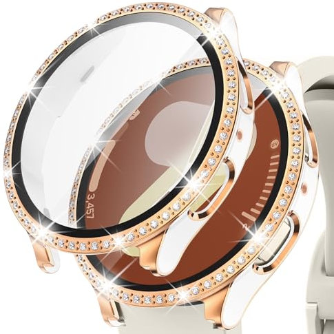 Kamita Glitter Diamant Coque Compatible avec Samsung Galaxy Watch 7 44mm, Paillettes Dur PC Bumper Case avec Verre Trempé Protecteur d'écran, Housse de Protection pour Samsung Watch7 (Noir-Or rose)