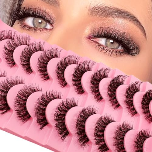 10 Paare Clear Band Künstliche Wimpern Katzenauge, 15mm Flauschiges Cat-Eye Russische Volume Strip Lashes D Curly Wispy Falsche Wimpern Natural Look Wimpern Extensions(E14)