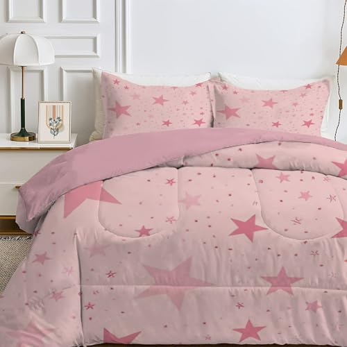 Qiwagu Bettdecke 135x200 4 Jahreszeiten, Wende Sterne Steppdecke Waschbare, Bettdecke ohne Bezug Nutzbar, Leicht Weiche Schlafdecke 200GSM, Ganzjahresdecke Rosa mit 1 Kissenbezug (ohne Kissen)