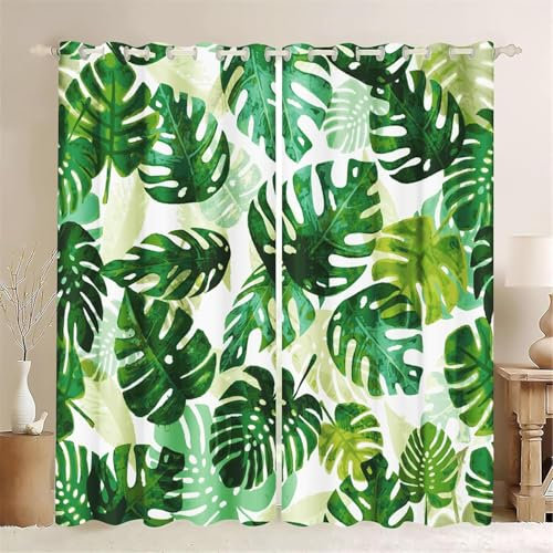 3D Drucken Gardinen Tropische Palmenblätter Wohnzimmer Vorhänge, Tropische Palmenblätter Vorhang Blickdicht Ösen Wärmeisolierend Gardine, Schlafzimmer Deko Curtain 2 Stücke 75 x 166 cm BxH q2012