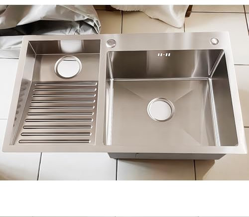 DSMRLEOP Lavabo de acero inoxidable SUS 304 con tabla de lavado integrada, fregadero de doble tazón fácil de limpiar para baño, cocina y balcón, duradero y versátil (plateado, derecho, 80