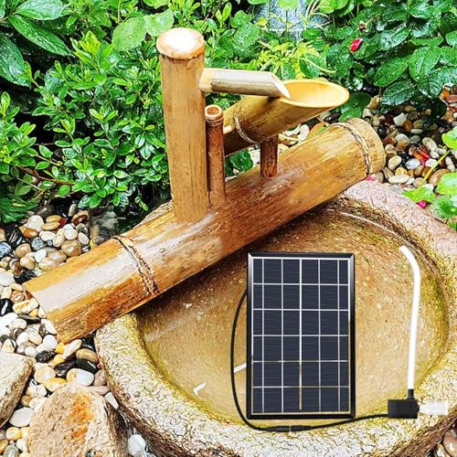 Fountaine d'eau extérieure à énergie Solaire, Fontaine Solaire en Bambou à Bascule Japonais avec Pompe et Panneau Solaire 6W et Filtre à Eau et Tube à Eau 2M,28 inch