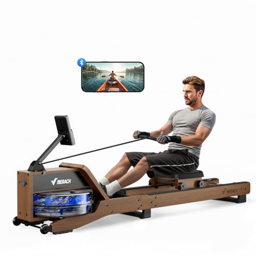 MERACH Wasser Rudergerät Holz Klappbar, Gummibaummaterial & komfortabler Sitz, mit exklusiver APP mit interaktiven Karten Spiel, immersives Rudererlebnis, Ideal für Heimfitness