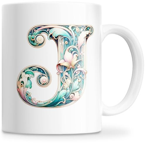 Taza Personalizada con Letra Inicial del Nombre - Taza Cerámica 350ML con Motivo Floral, Regalos Originales para Mujeres, Mamá, Amigos - Apta para Lavavajillas y Microondas (J)