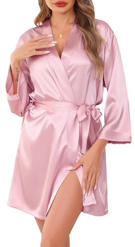 Sopesil Women's Satin Dressing Gowns Shorts Ladies Kimono Morning Robes Bridal Soft Wedding Party Sleepwear V-Neck, Pink, L