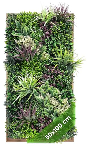 JELLE & JACOB Künstliche Pflanzenwand Indoor & Outdoor, Blumenwand Urban Jungle, 50x100 cm mit Rahmen in Eicheoptik, pflegeleicht & langlebig - für Wohlfühl-Atmosphäre, Kunstpflanzen Wand, Green Wall