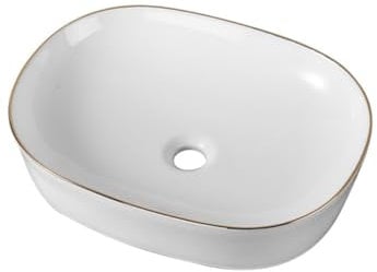 Dileci – Lavabo redondo ovalado blanco con ribete dorado – Lavabo elegante de cerámica – Diseño para baño moderno o industrial – Ideal para encimera o mueble colgante