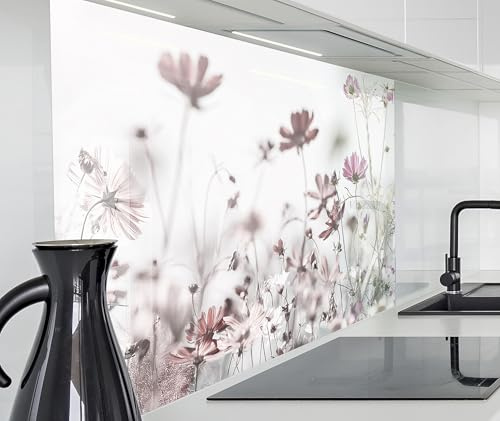 timalo Spritzschutz Wand für Herd, Küche Küchenrückwand Glasoptik | Acryl Glas 2mm | Glasrückwand Acrylglas Wandpaneele Rückwandschutz Platte | 200x58cm Wildblumen Blumenwiese
