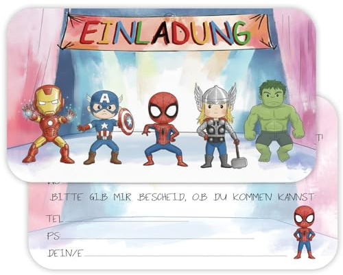 ZELAITE 12er Set Superhelden Einladungskarten Kindergeburtstag – Einladungen mit Umschlägen – Coole Superhelden-Party Einladungskarten für Jungen & Mädchen – Hochwertiger Karton – Ausfüllbar (J)