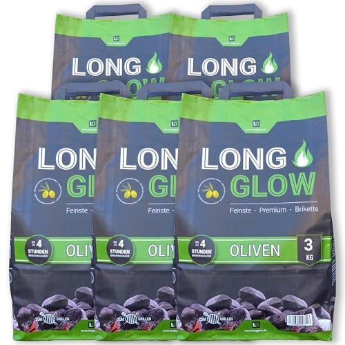 Long Glow® Grillbriketts 15 kg Oliven Premium Briketts - bis 4h Brenn- & Glutdauer - nachhaltige Grillkohle mit hoher Hitze für Grill, Smoker, Pizzaofen & Dutch Oven | 5 x 3 kg | Energie Kienbacher