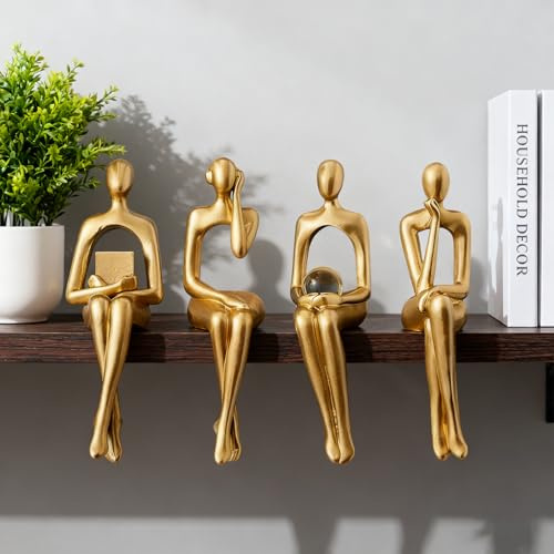 Yolispa Sitzende Figur, 4 Stück Bücherregal Deko, Modern Abstrakte Skulptur Sitzende Denker Statue Goldfiguren Dekoration für Dekoration Ihres Heimbüros Bücherregals