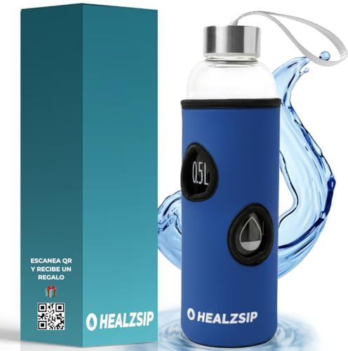 Botella Agua Cristal 0,5 Litro + Funda Neopreno + Guía + Calculadora | Botella Vidrio Borosilicato con Medición | Reutilizable y Apta para Lavaplatos | Glass Water Bottle | Ideal para Casa y Oficina