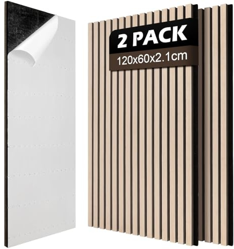 Ansobea Lot de 2 panneaux acoustiques autocollants en bois - 1,44 m² - 120 x 60 cm - Panneaux muraux 3D - Isolation acoustique - Pour couloir, couloir et salon - Chêne
