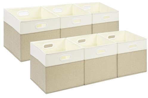 SOCOHOME Aufbewahrungsboxen,25x25x25cm 6er Set Korb Stoff-Aufbewahrungskörbe Zusammenklappbar für Babyzimmer Schrank & Spielzeug(Helles Khaki/Weiß)