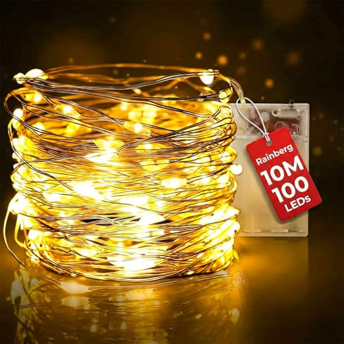 Rainberg LED Fairy Lights, 10M 100LEDs Battery Powered, Waterproof Copper Wire, DIY Bendable for Indoor and Outdoor, Wedding, Party, Christmas and Home Decoration (Warm White)