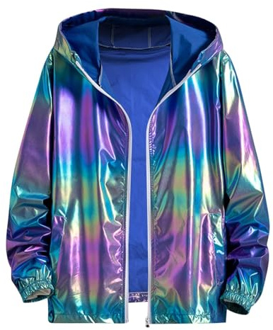 Glitzer Jacket Herren Karneval Kostüm Silber Metallic Jacke Reißverschluss Sportjacke mit Kapuze 80er Jahre Disco Outfit Herren-Jacken Langarm Glänzend Bomberjacke Mantel für Party, Hiphop, Nachtclub