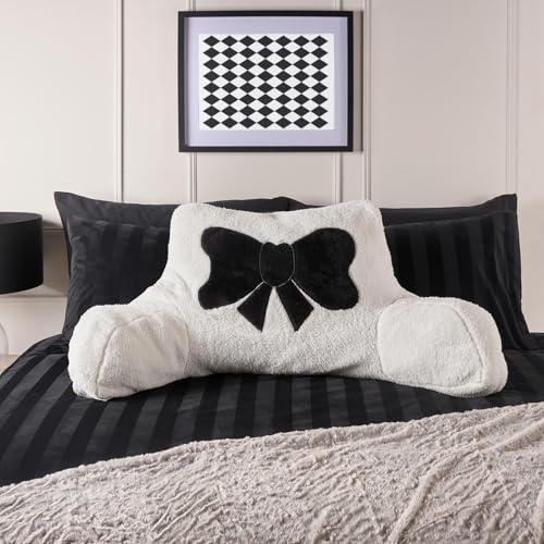OHS Cuddle Cushion for Adults, Embroidered Bow Reading Pillow Super Soft cosy Teddy Fleece Back Support Cushion with Arms Hardboard Pillow Bed Cushions Relaxing Comfy, Monochrome