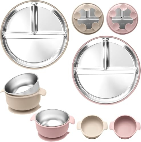 Nokwocy 2 Stück Edelstahl Babyteller mit Saugnapf + 2 Stück Edelstahl Breischale Baby Schüssel mit Saugnapf, Abnehmbare Silikonhülle Kinder Geschirr Set, BPA-Frei, Spülmaschinenfest (PinkBeige)