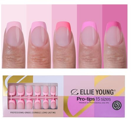 Ellie Young 150pcs French Tips Pre-designed Press On Nails Pink Pastel Short Square Nail Tips,15 Sizes, ProTips Soft Gel Nail Extensions for Easy DIY Salon (ONLY NAILS)