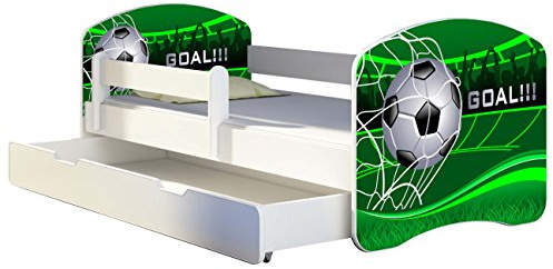 ACMA Kinderbett 140x70 Jugendbett mit Einer Schublade und Matratze, Rausfallschutz, Lattenrost Weiß, stabil, Kinderzimmer Bett, Jugendmöbel Design 14 Goal !!!