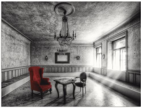 ARTland Wanddeko Wandbild Alu Verbundplatte für Innen & Outdoor Bild 60 x 45 cm Architektur Lost Place Zimmer Deko Lampe Kronleuchter Sessel Rot Foto Schwarz Weiß T9SH