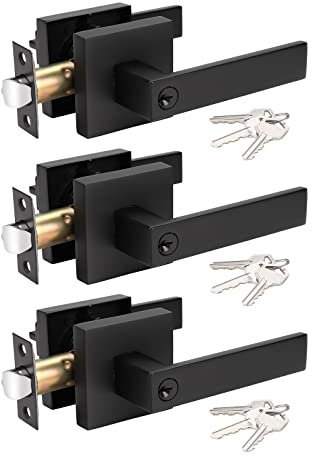 KNOBWELL 3 Pack Matte Black Door Handle Door Lever Keyed Entry Door Lock/Door Knob Front Door Leverset Lockset, Matte Black Finish 2.13 lb One Lever(Not Keyed Alike)