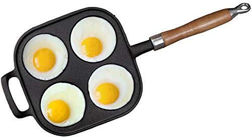 TAMUME Pre-Sazonado Sartén de Hierro Fundido Dividido con 4 Copas Profundas. Mini Molde de Pastel con Mango de Madera y un Mango de Ayuda para Huevo Picador y Tortilla